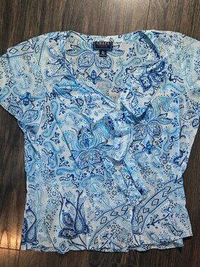 CHAPS "Denim" 100% Cotton Blue & White Floral & Paisley Blouse NWOT/SIZE XL